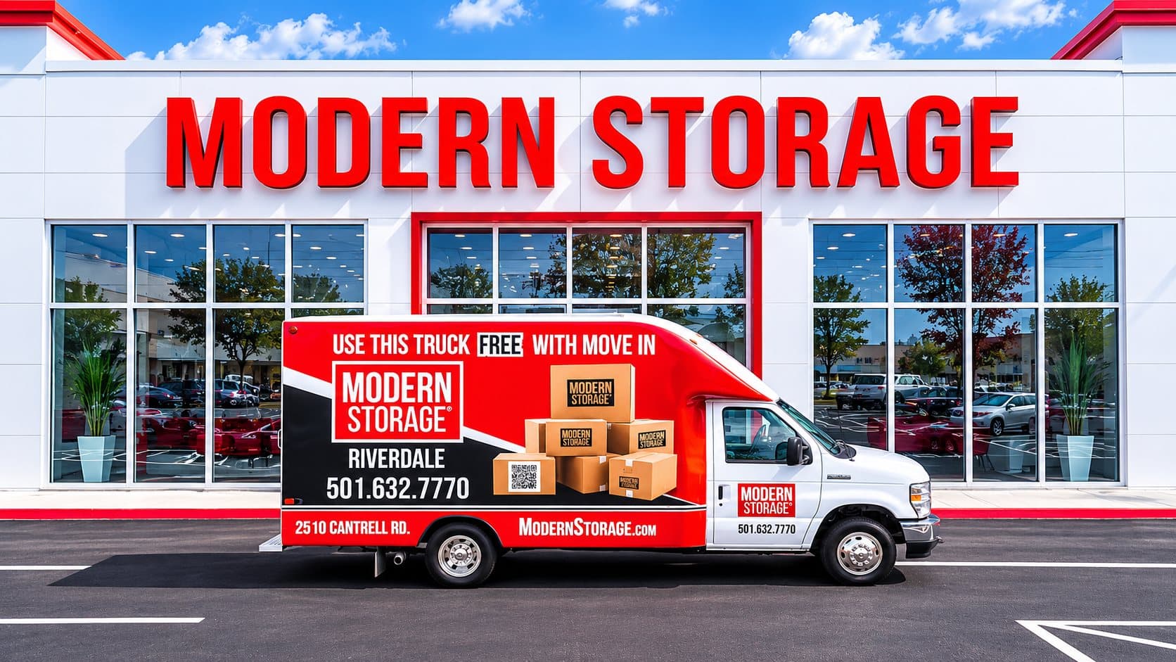 Modern Storage® Riverdale free moving truck available with new self-storage rentals at participating Arkansas locations