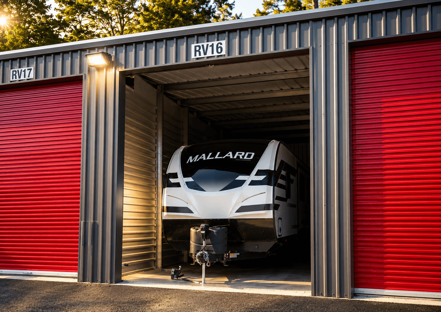Travel trailer inside a Modern Storage® enclosed unit — boat, RV, and seasonal storage minutes from Lake Hamilton in Hot Springs