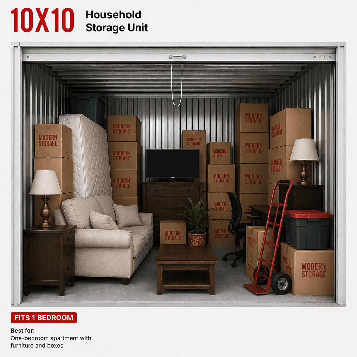 Modern Storage® 10x10 storage unit in Arkansas holding a one-bedroom apartment