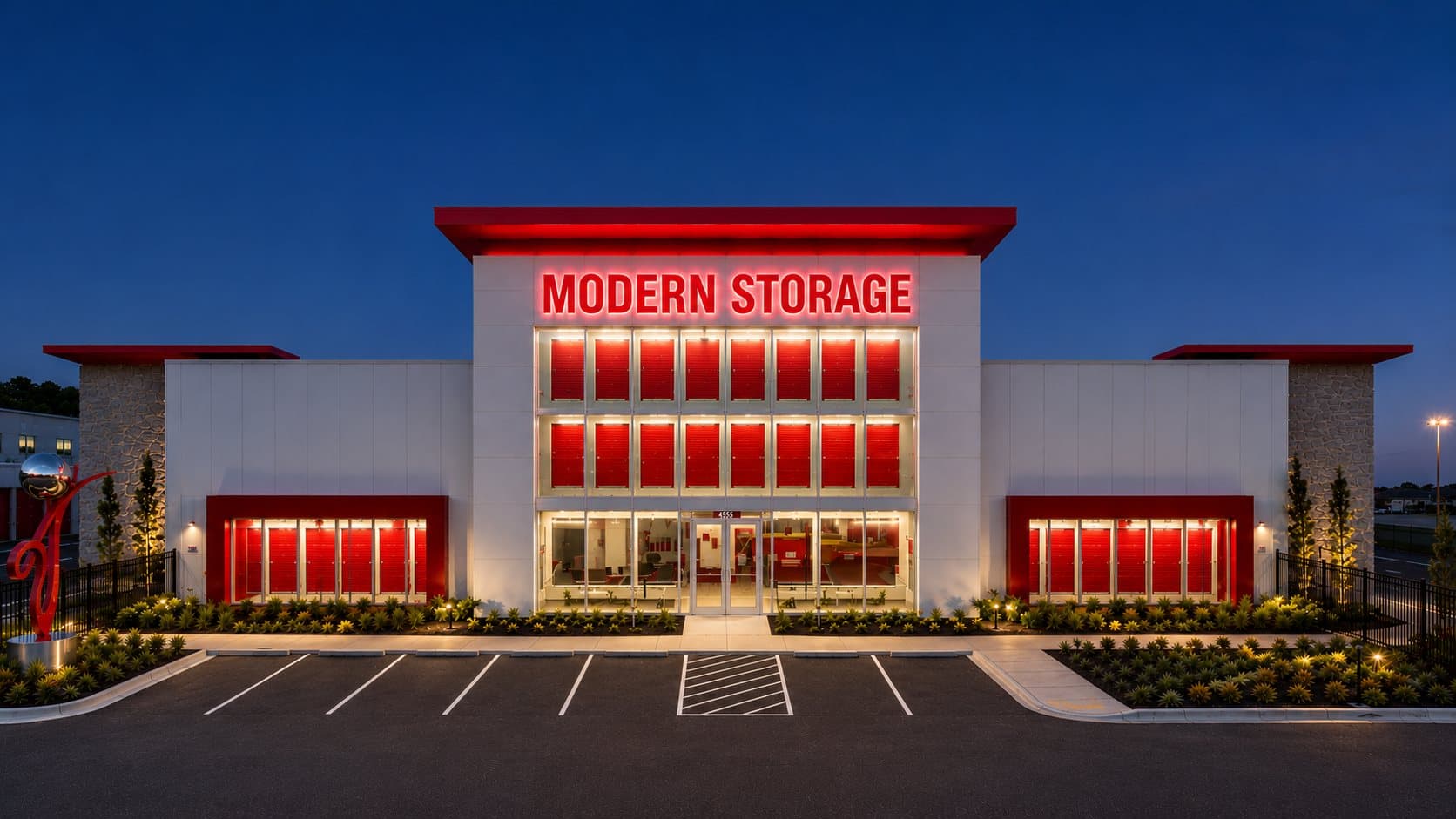 Modern Storage® Lowell facility at night — boat, RV, and trailer storage for Northwest Arkansas lake families serving Beaver Lake and Table Rock Lake