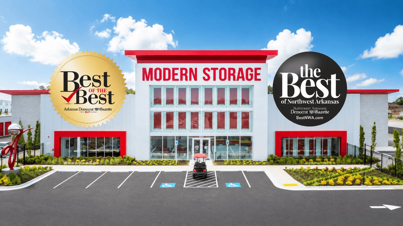 Modern Storage® Springdale facility with Best of the Best 2023-2025 and Best of Northwest Arkansas award seals